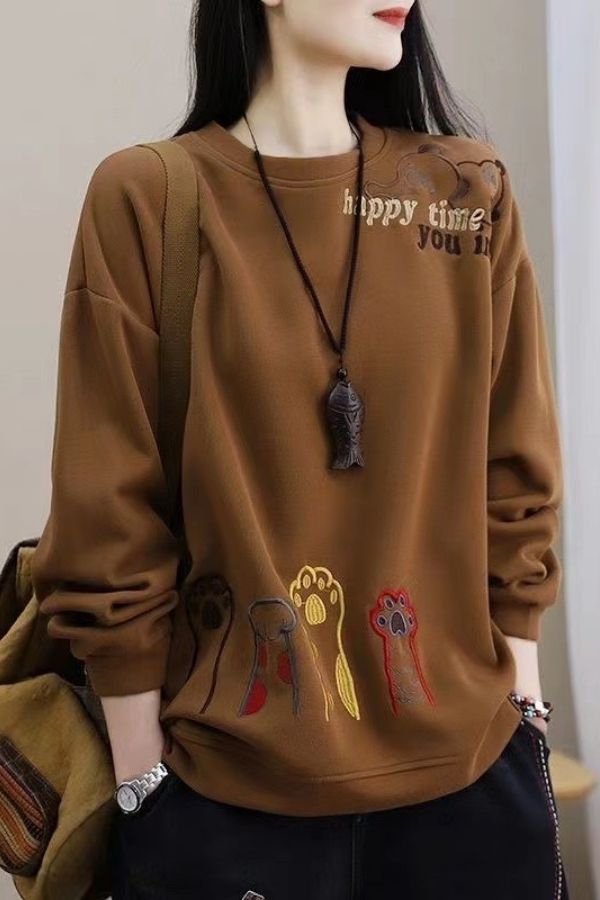 Embroidery Cotton Round Neck Sweatshirt