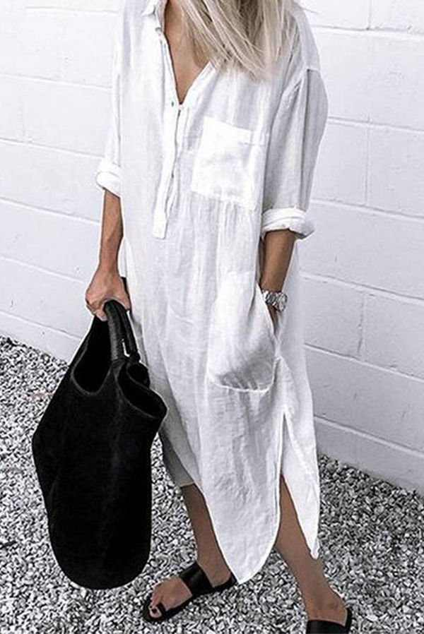 Casual Solid Split Joint Turndown Collar Shirt Dress Dresses