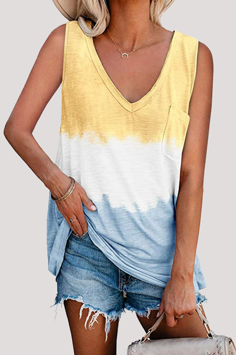 Casual Patchwork Tie Dye Pocket V Neck T-Shirts