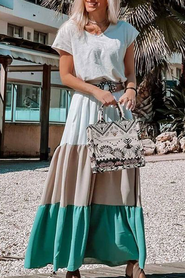 Casual Color Block V Neck Cake Skirt Dresses