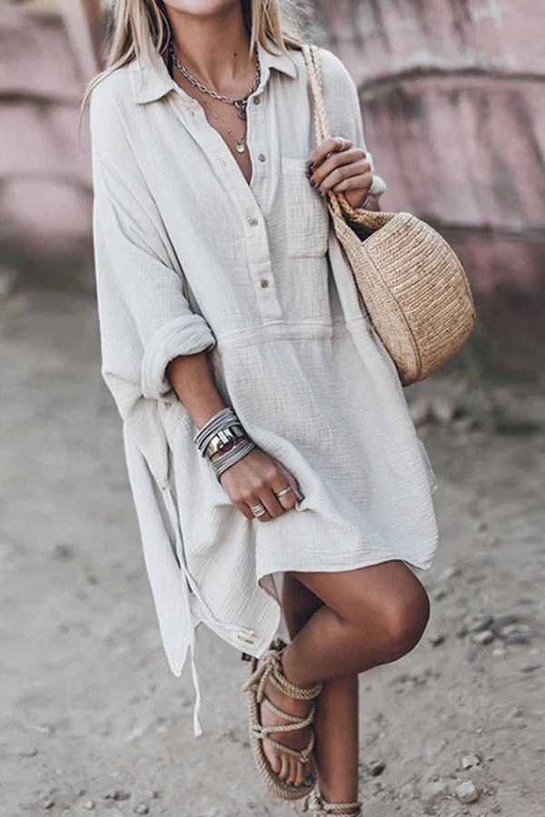 Casual loose V-Neck Cotton And Linen Long Sleeves Mini Dress