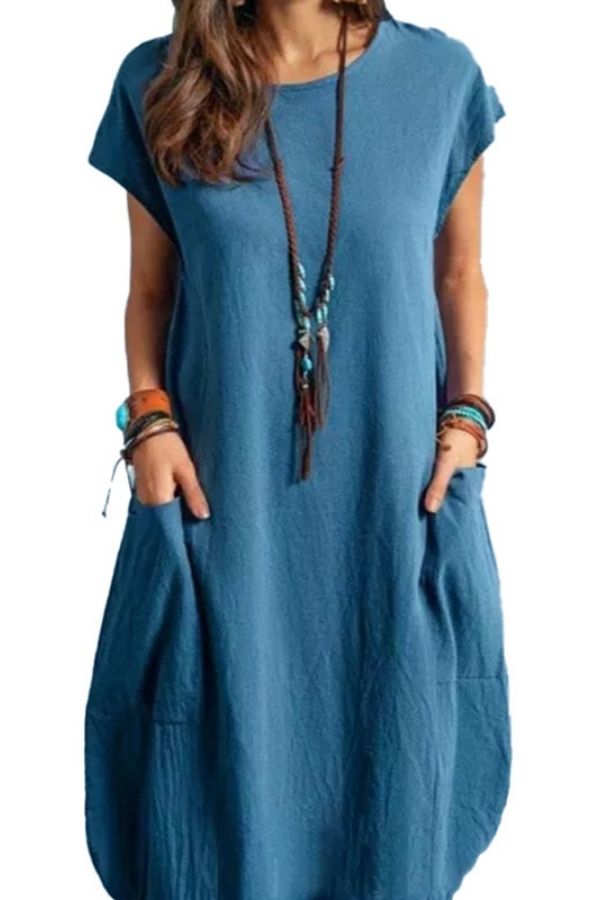 Short Sleeve Solid Color Midi Dress