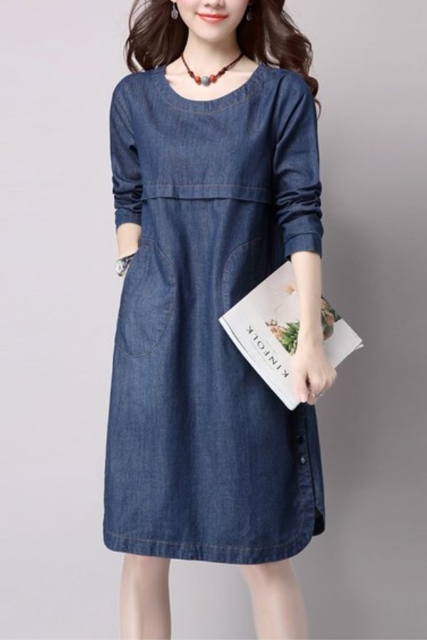 Round Neck Denim Midi Dress