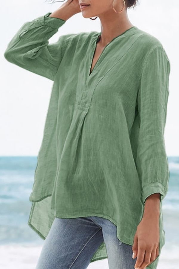 V Neck Solid Color Blouse