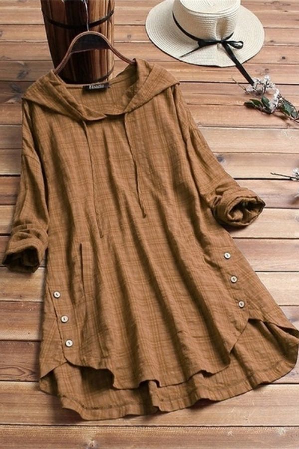 Solid Color Cambric Button Blouse with Hood