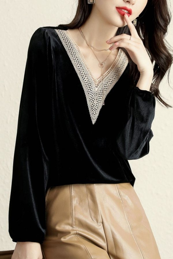 Lace V Neck Velvet Blouse