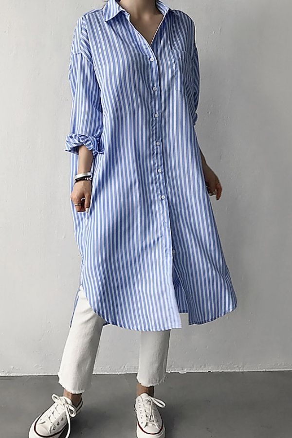 Stripe Printing Cotton Midi Dress