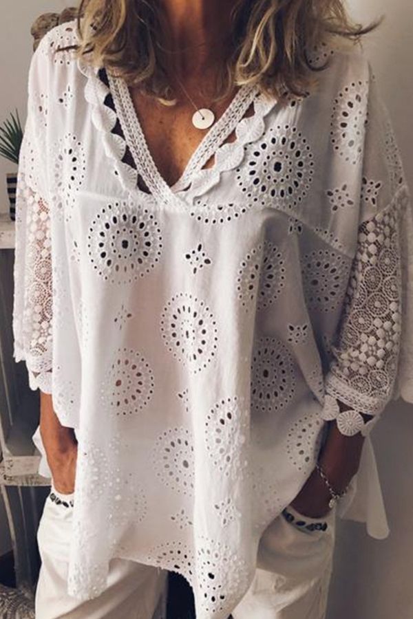V Neck Casual Hollow Out Blouse