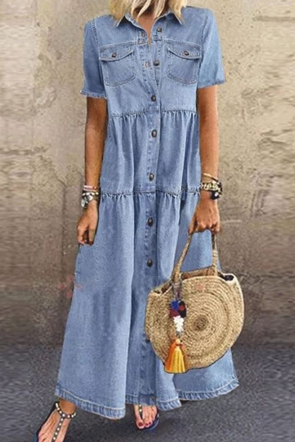 Short Sleeve Cotton Solid Color Maxi Dress