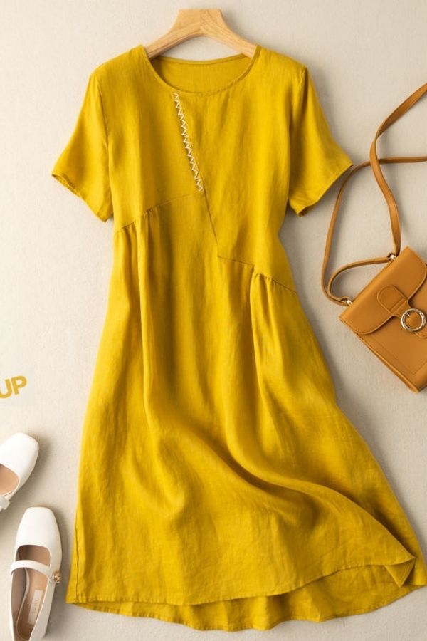 Solid Color Short Sleeve Casual Midi Dress (Fit 95lbs - 170lbs)