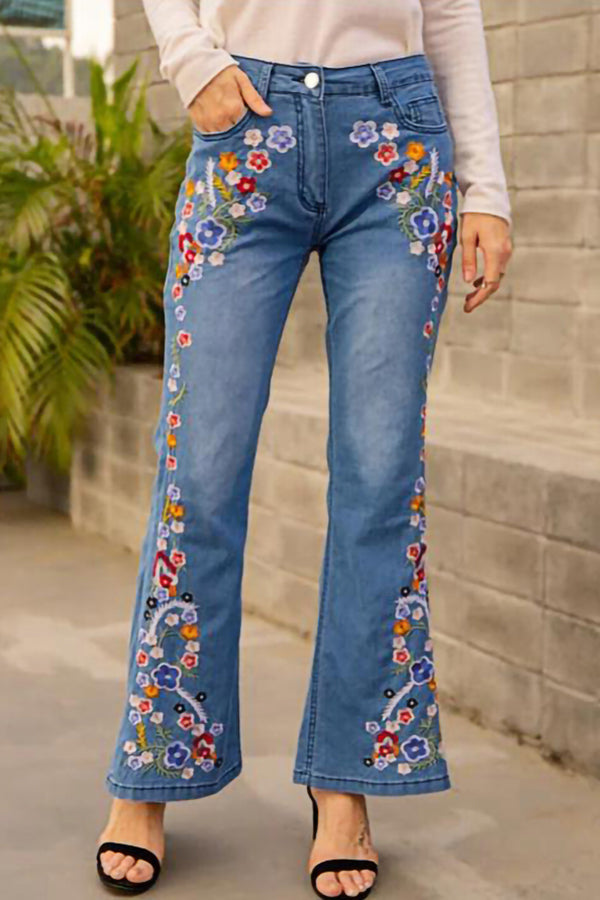 Embroidered Denim Flared Jeans
