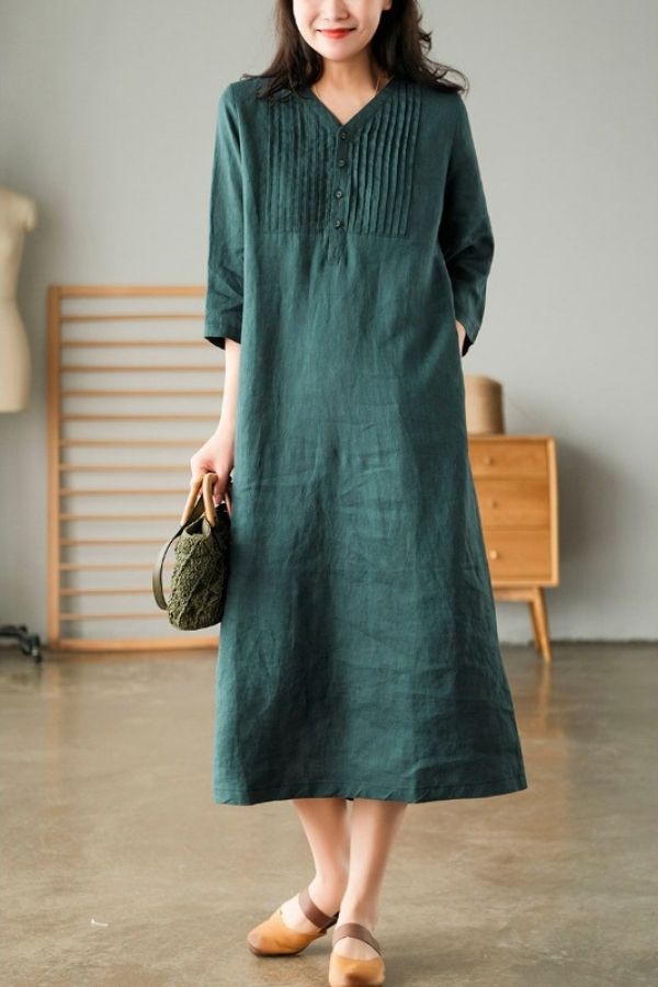 V Neck Solid Color Cotton Midi Dress