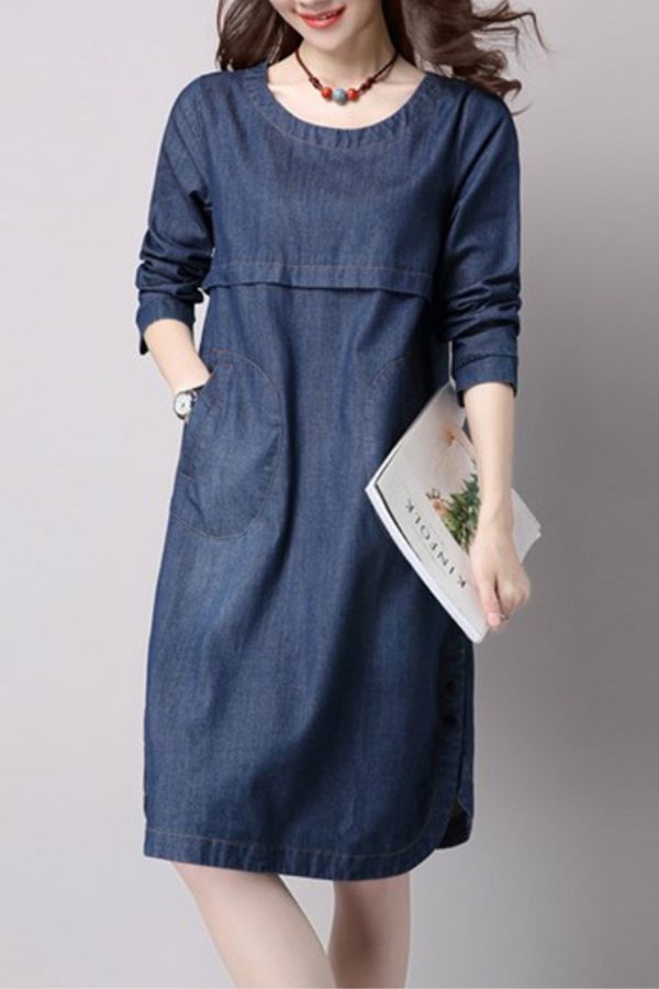 Round Neck Denim Midi Dress