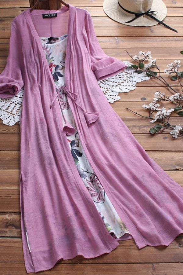 Half Sleeve Printing Dress with Cardigan Two Pieces