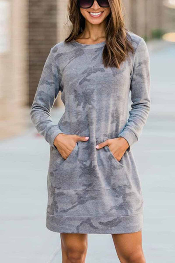 Casual Loose Round Neck Camouflage Mini Dress