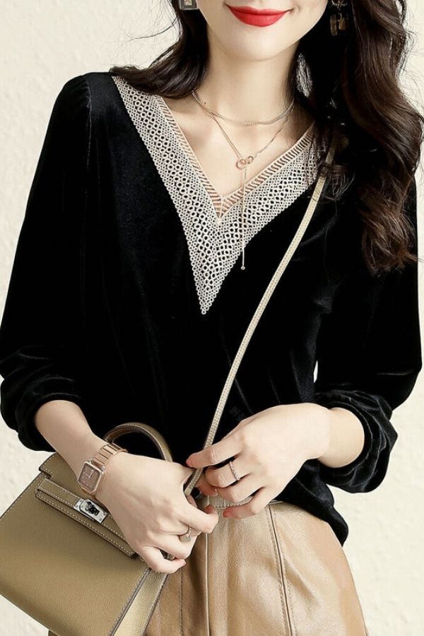 Lace V Neck Velvet Blouse