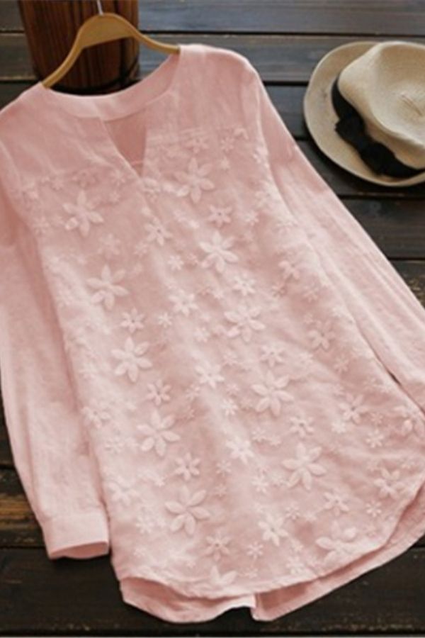Embroidered Lace Long Sleeve Cotton Shirt