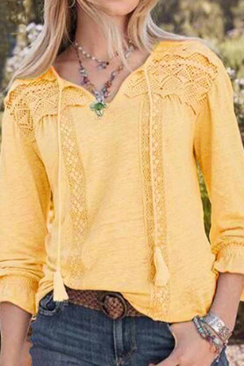 Casual Solid Color Lace Hollow V-neck Tops