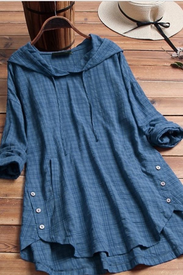 Solid Color Cambric Button Blouse with Hood