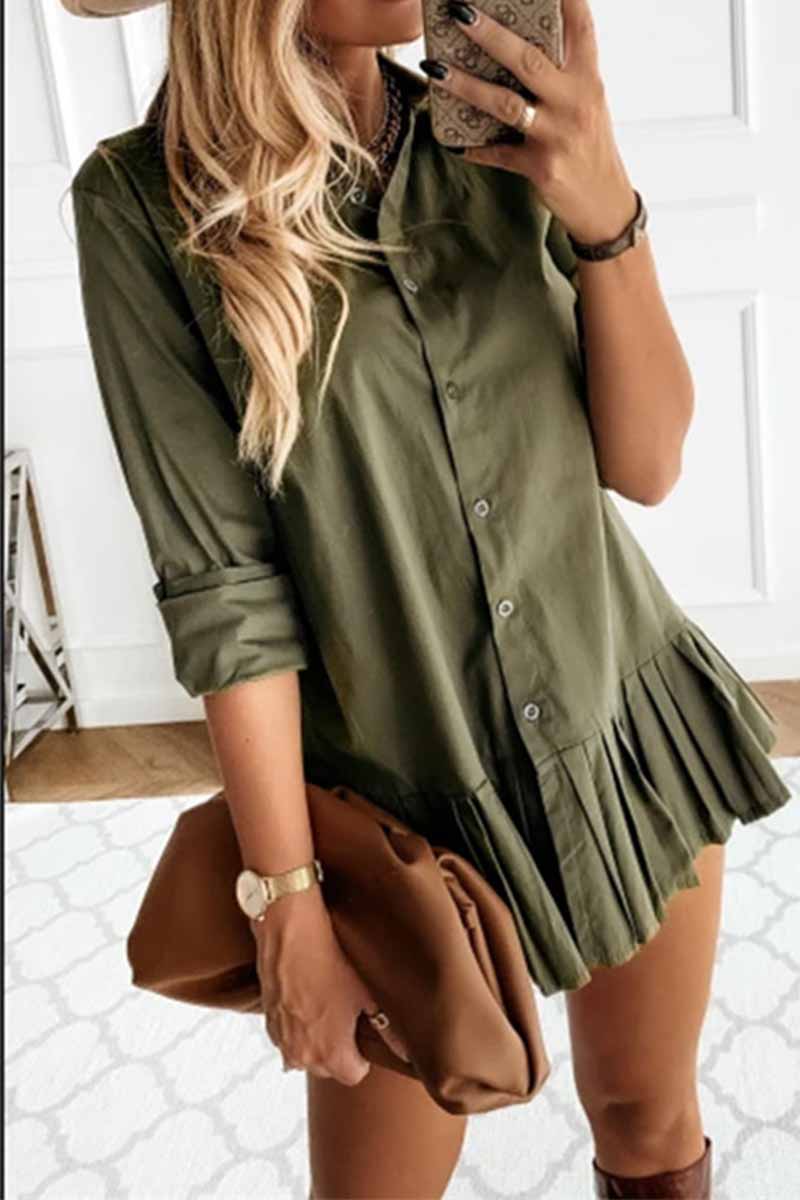 Casual Long Sleeve Pleated Solid Color Mini Dress