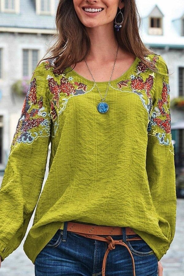 Ethnic Style Embroidery Round Neck Blouse