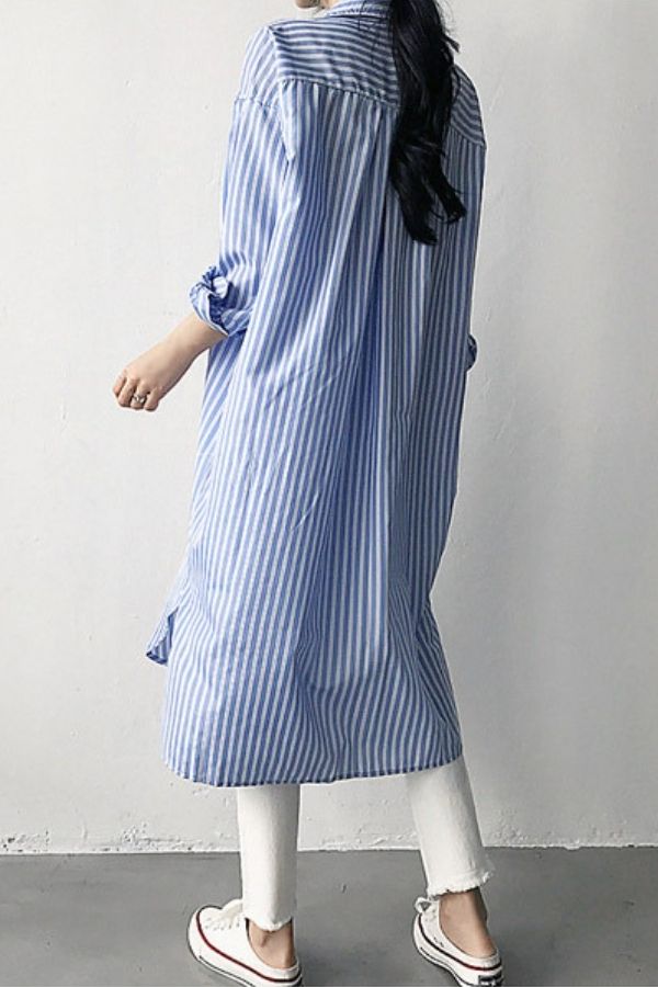 Stripe Printing Cotton Midi Dress