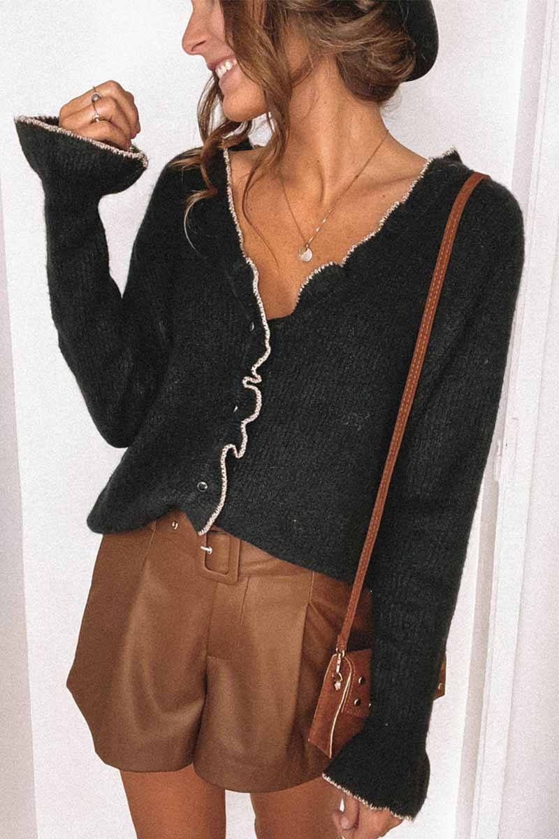 Casual Solid Color V-Neck Ruffled Knit Cardigan