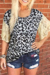Leopard Printing Lace Sleeve T-shirts