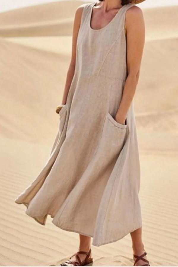 Sleeveless Round Neck Cotton Dress with Pockets