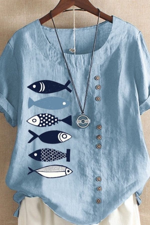 Cotton & Linen Fish Printing T-shirt