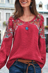 Ethnic Style Embroidery Round Neck Blouse