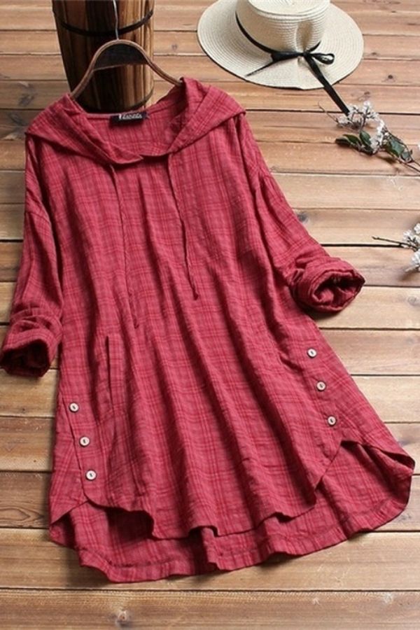 Solid Color Cambric Button Blouse with Hood