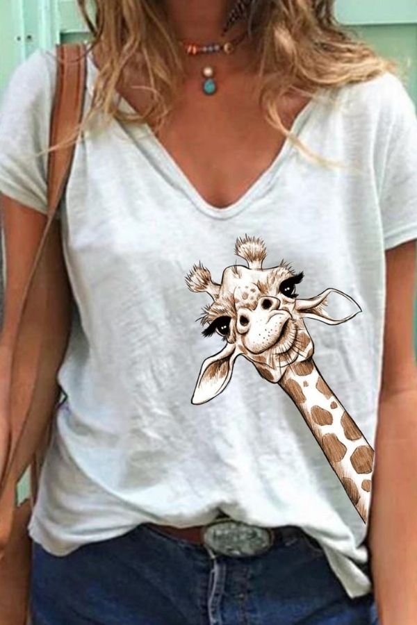 Giraffe Printing V Neck T-shirt