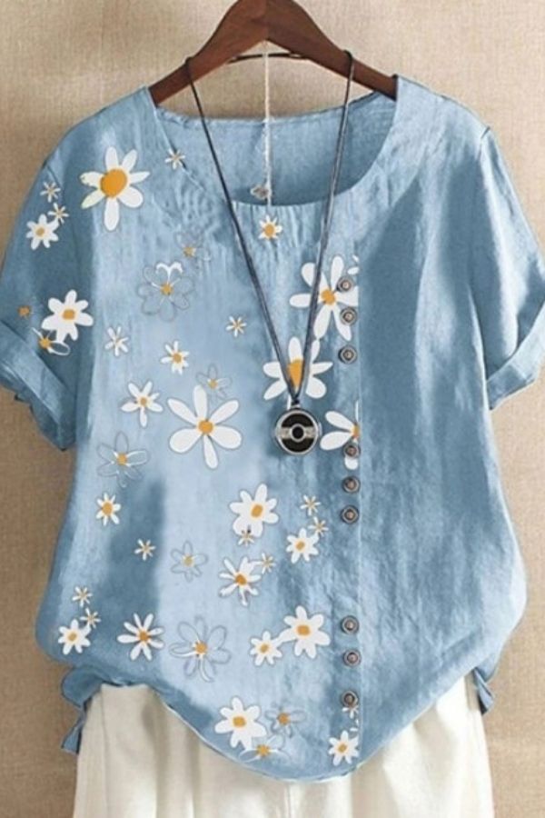 Cotton & Linen Daisy Floral T-shirt (Fit up to 270lbs)