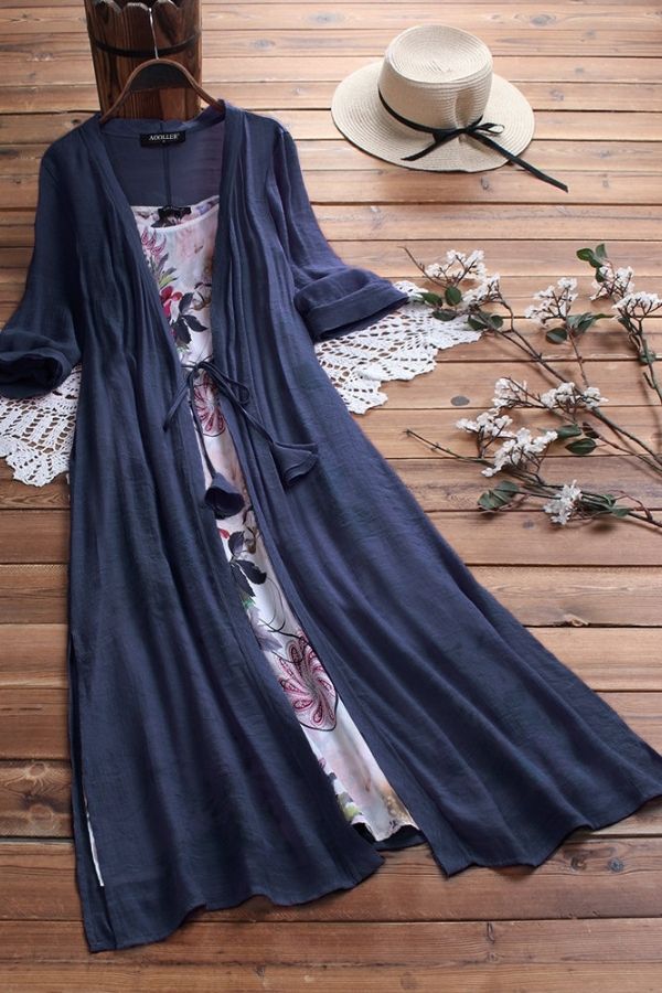 Half Sleeve Printing Dress with Cardigan Two Pieces