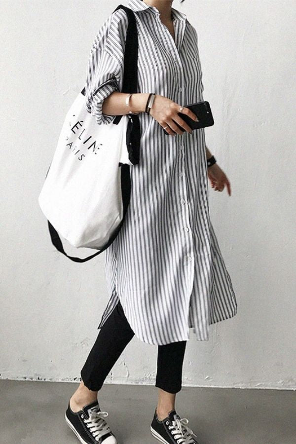 Stripe Printing Cotton Midi Dress