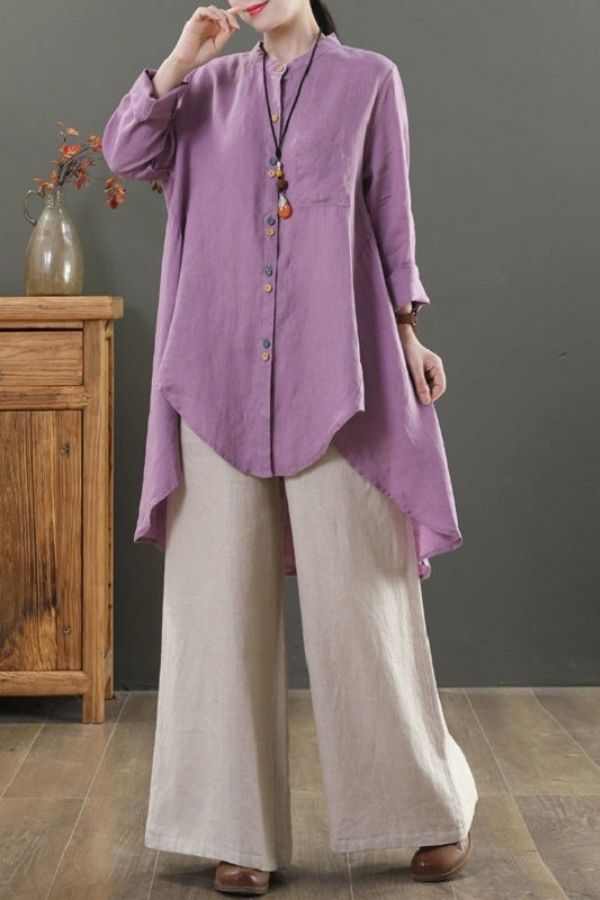 Asymmetric Lenght Soild Color Long Sleeve Cotton  Shirt