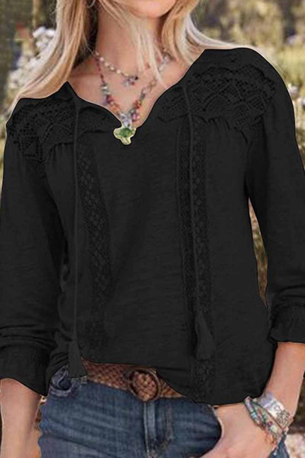 Casual Solid Color Lace Hollow V-neck Tops