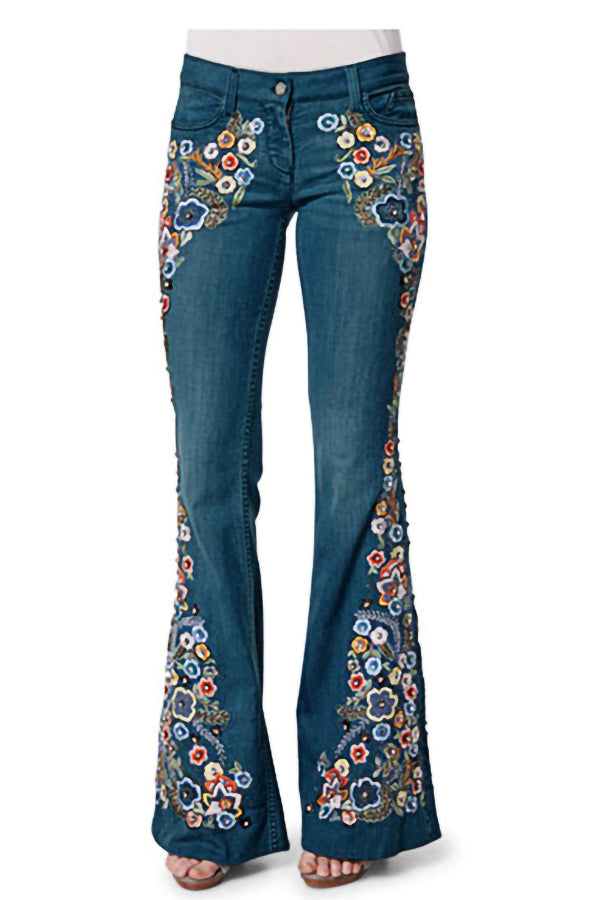 Embroidered Denim Flared Jeans
