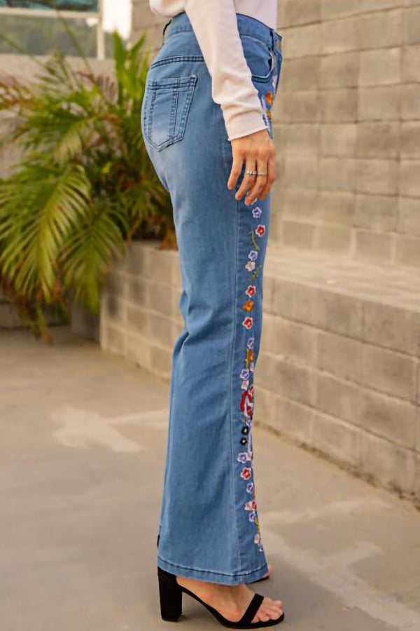 Embroidered Denim Flared Jeans