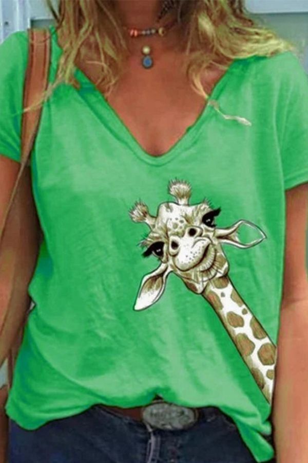 Giraffe Printing V Neck T-shirt