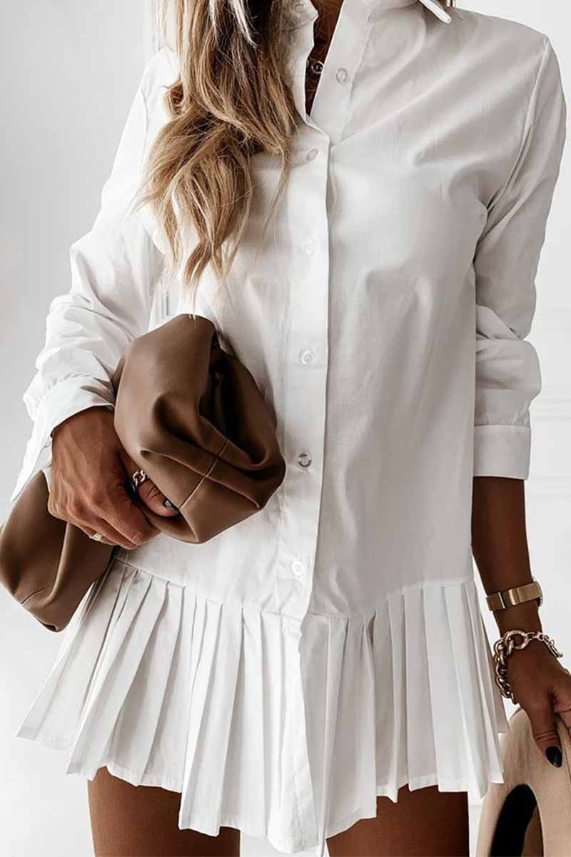 Casual Long Sleeve Pleated Solid Color Mini Dress