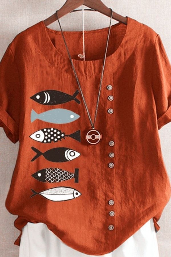 Cotton & Linen Fish Printing T-shirt