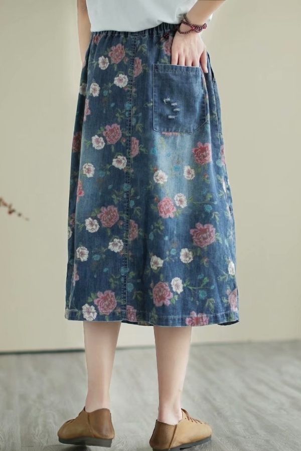 Floral Printing Denim Elastic Skirt