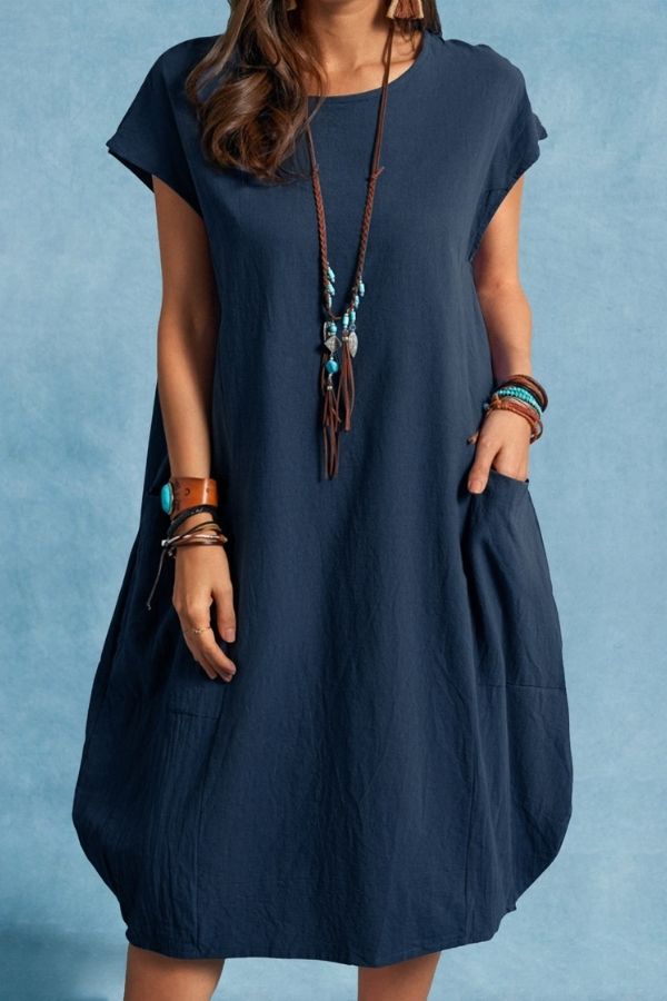 Short Sleeve Solid Color Midi Dress