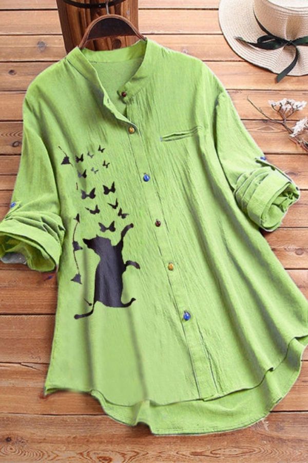 Cat Printing Cotton Blouse