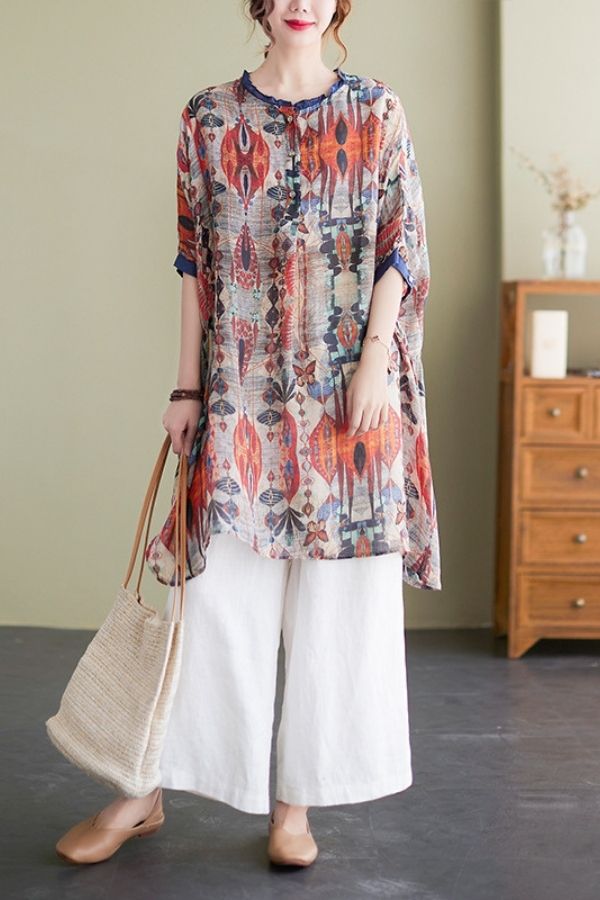 Floral Printing Round Neck Blouse