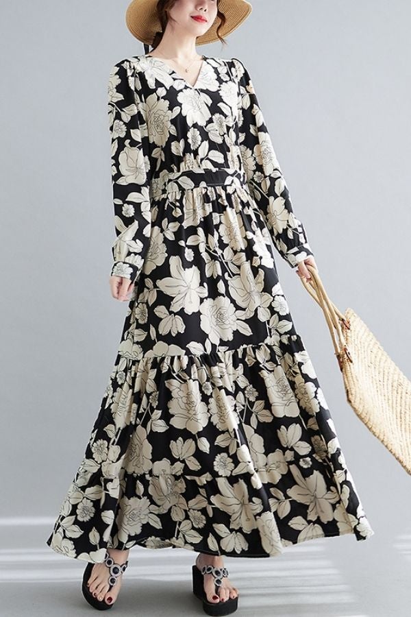 Floral Printed V Neck Maxi Dress