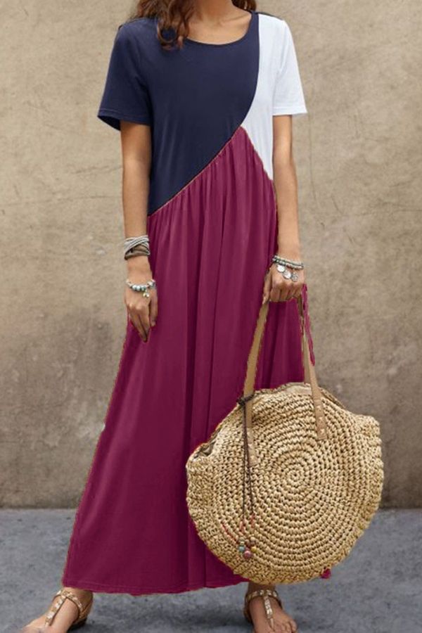 Color Contrast Short Sleeve Maxi Dress