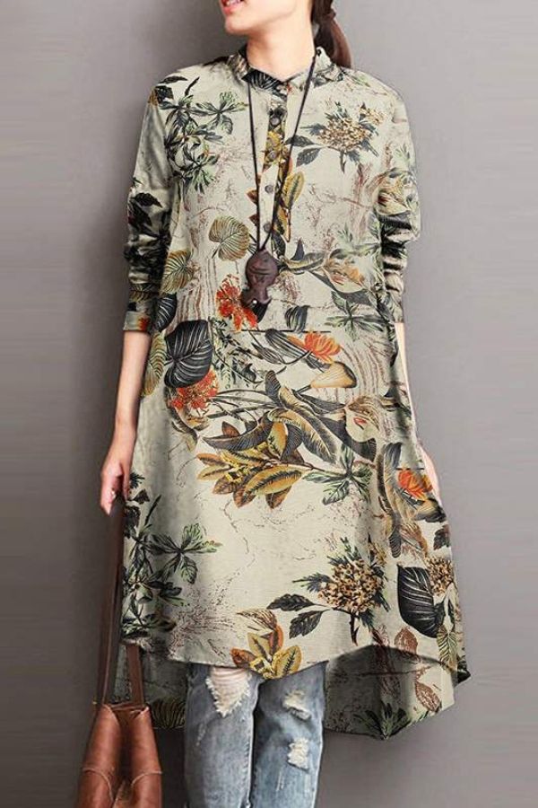 Knee-length Floral Printing Midi Dress